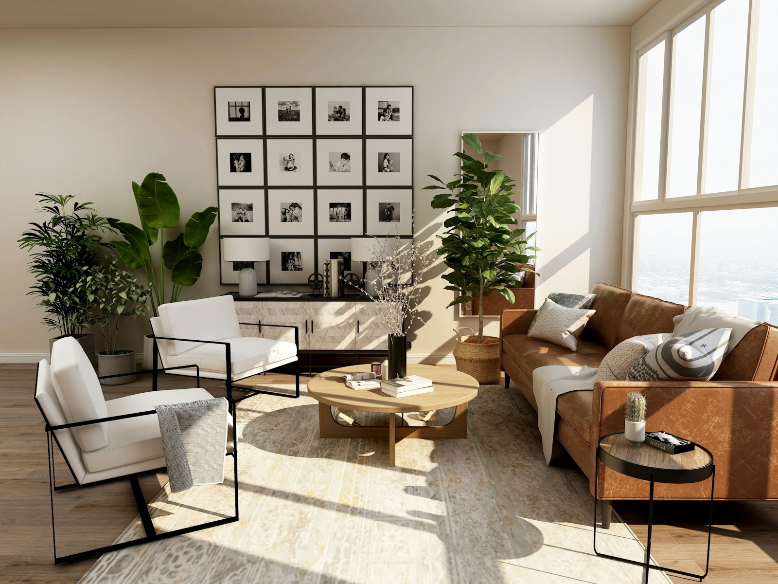 Warm living room with tan leather sofa — static photo